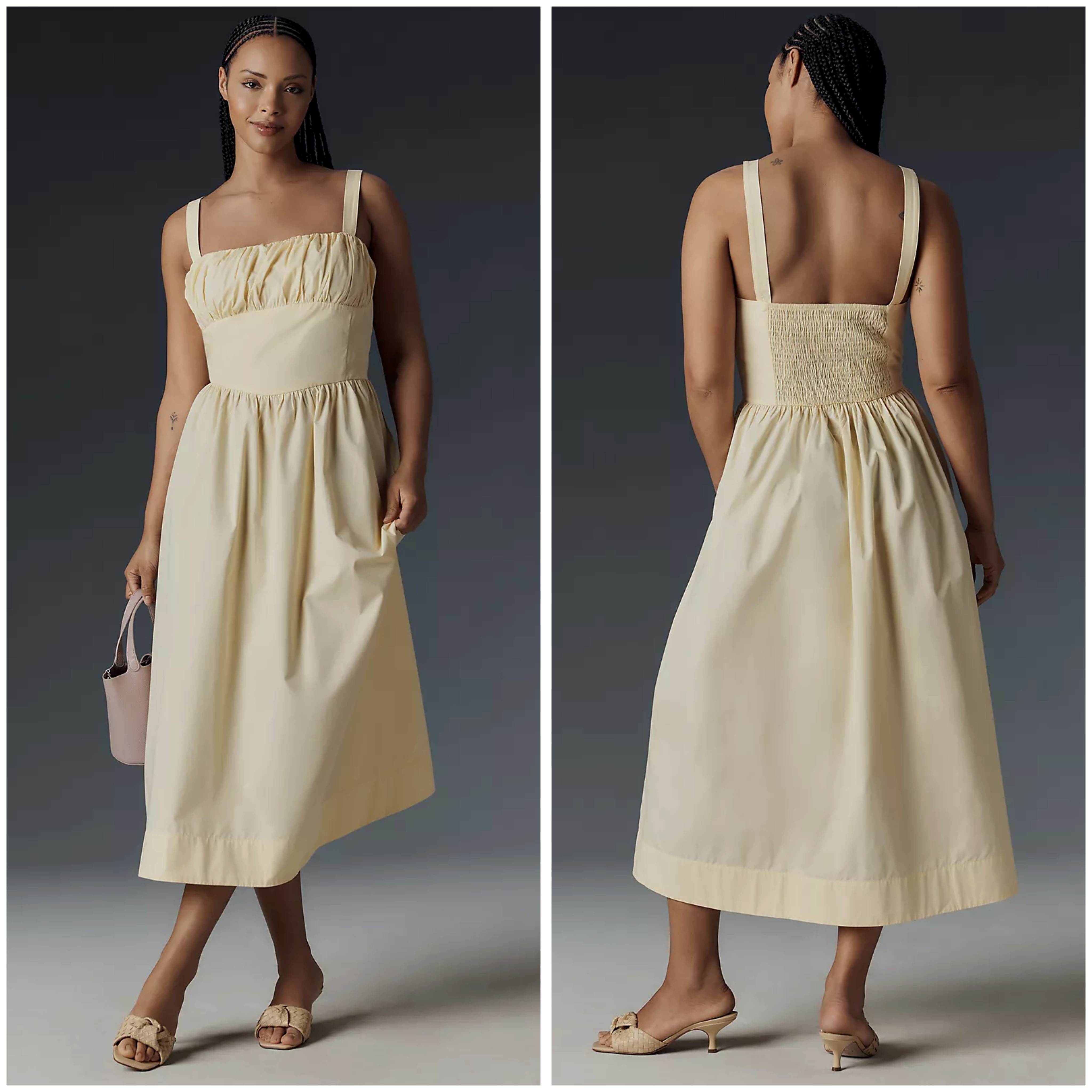 Anthropologie Drop-Waist Ruched Midi Dress In Butter Yellow, Nwt